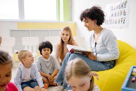 Teacher reading to preschool kids in a colorful classroom setting.